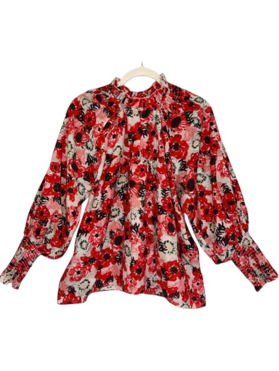 Chufy La Dolce Vita Silk Blend Red Floral Balloon Sleeve Blouse M Designer - Picture 6 of 10